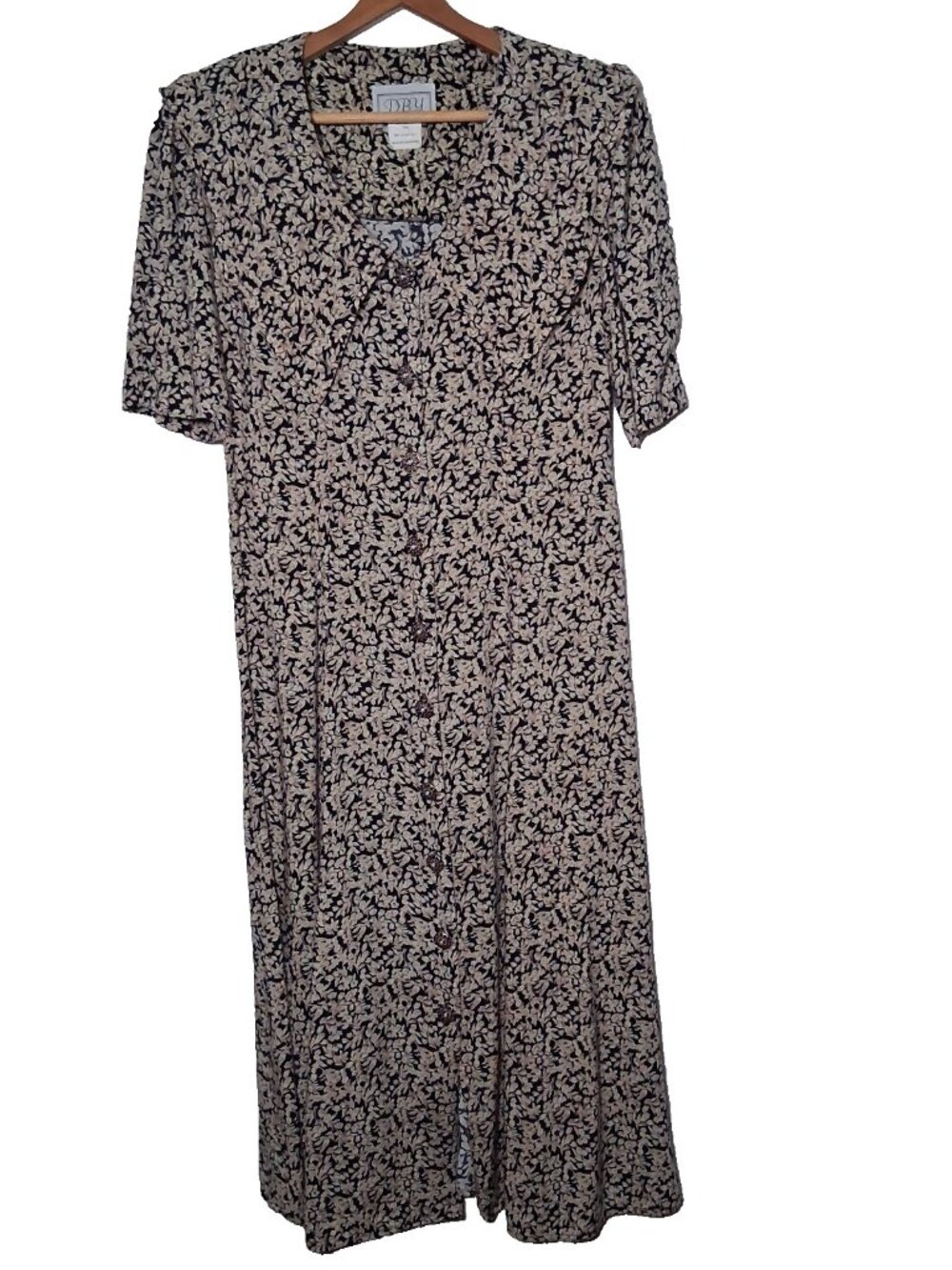 Vintage 1990s DBY Dress Siz3 13 Navy Floral Rayon Silver Button Collared Midi